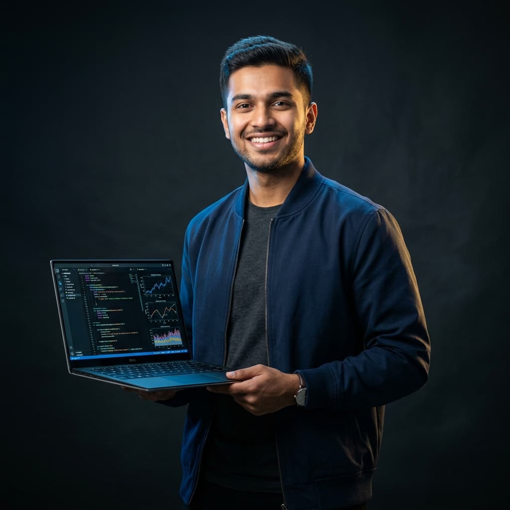BVRIT Tech Achiever holding laptop displaying code